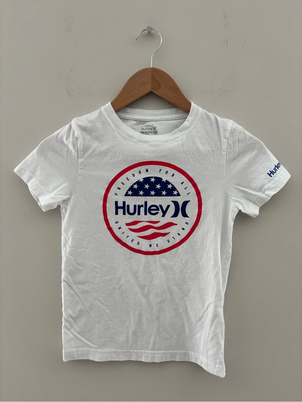 Hurley Freedom for All Patriotic Graphic T-Shirt Boys Small White USA Flag Tee